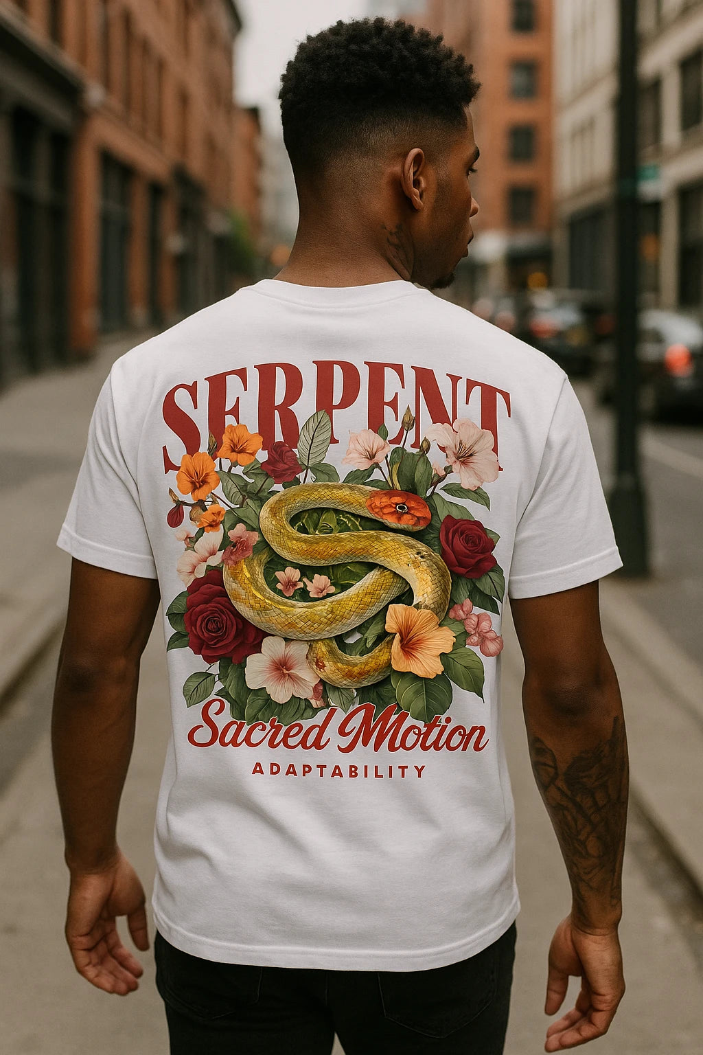 White graphic T-shirt with print on the back by HollowNine – Back of model view